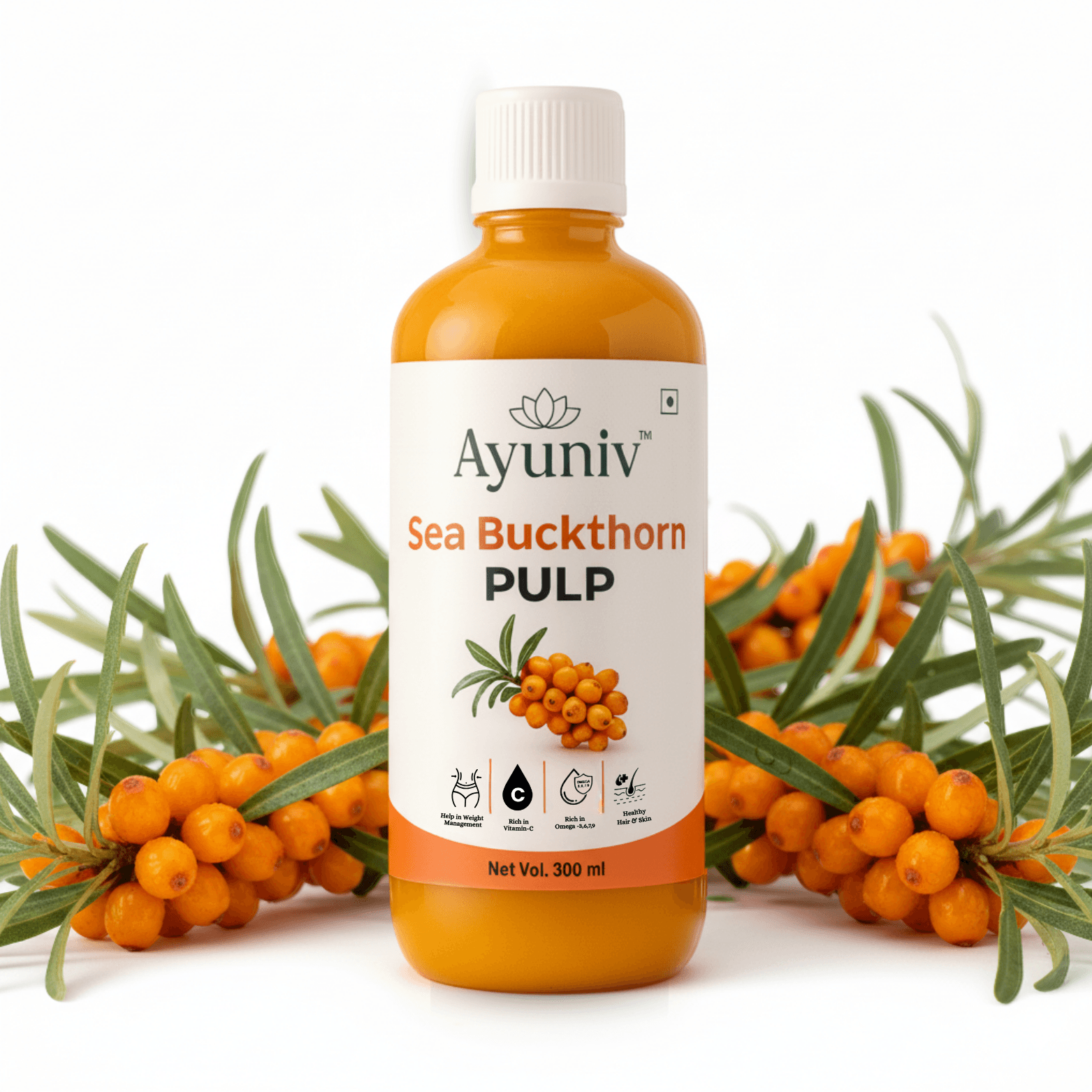 Ayuniv Sea Buckthorn Juice | Rich in Vitamin C, Omega 3, 6, 7 & 9 | Powerful Antioxidant Superfruit
